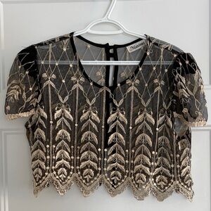 Vintage Lace Black & Gold Embroidered Sheer Crop Top with Cap Sleeves